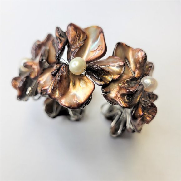 Dark Brown Cuff Bracelet with Pearls and Dyed Mother Of Pearl Shell Bangle -NEW - Picture 11 of 15